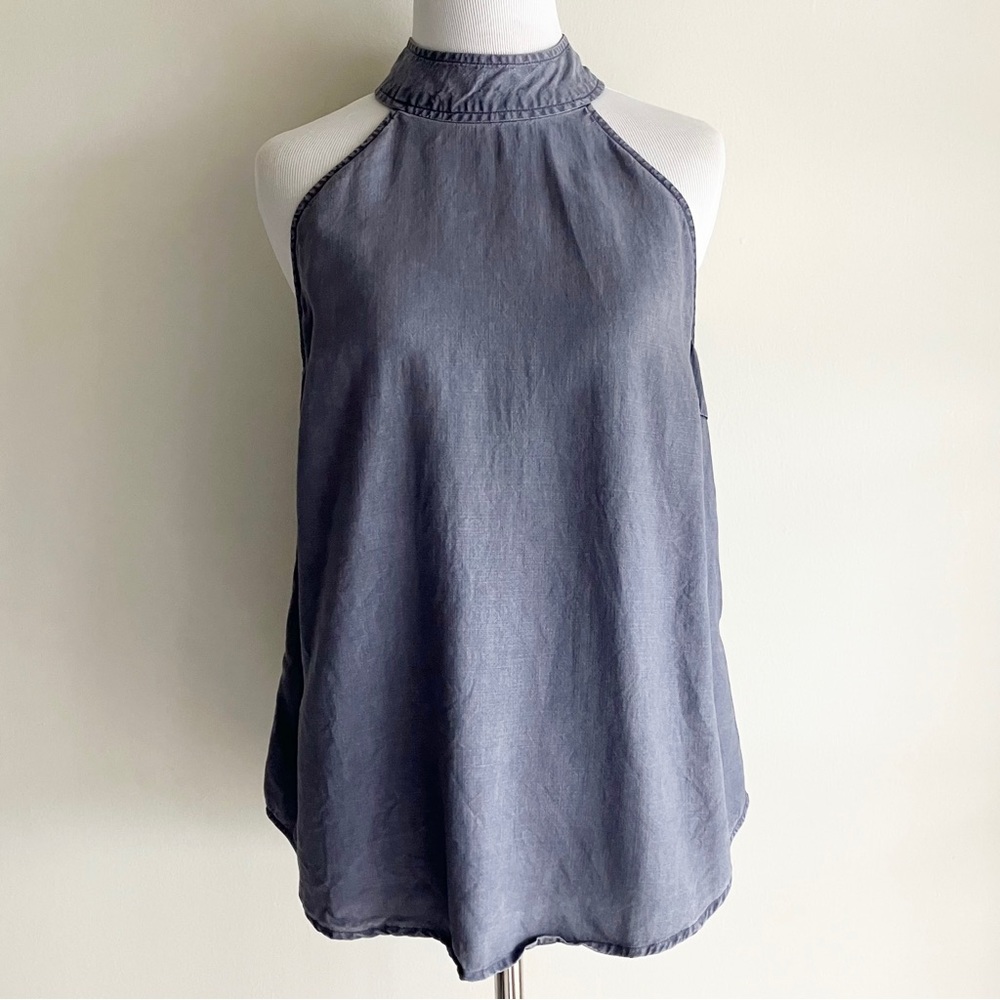 Cloth & Stone Indigo Wash Halter Sleeveless Top Sz Small Gray Blue Button Back